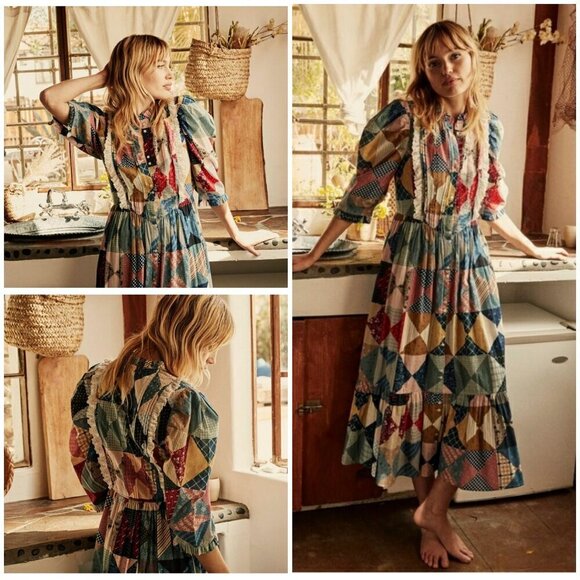 💕DOEN💕 Darby Dress ~ Quilted Patchwork Print Large L NWT